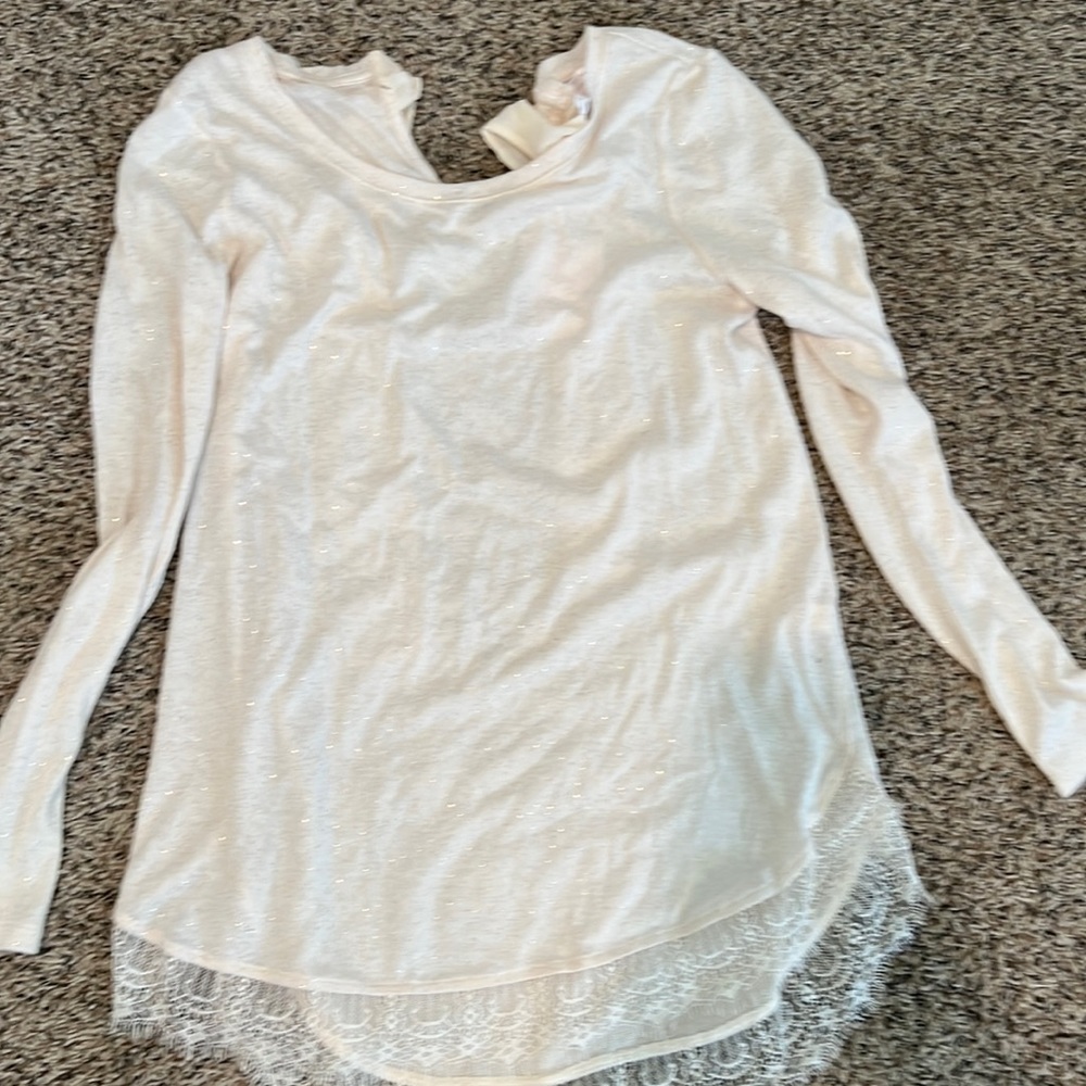 Beautiful LC Lauren Conrad top sparkle beige with bow long sleeve blouse
